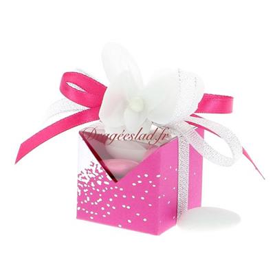 Boite dragées cube alizée fuchsia orchidée blanche