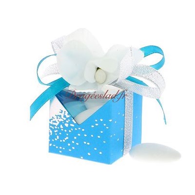 Boite dragées cube alizée turquoise orchidée