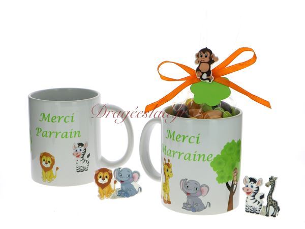 Mug dragées Jungle parrain marraine, Contenant dragées original baptême-  Dragéeslad.