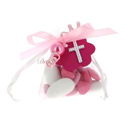 Sachet dragées communion fuchsia et rose croix