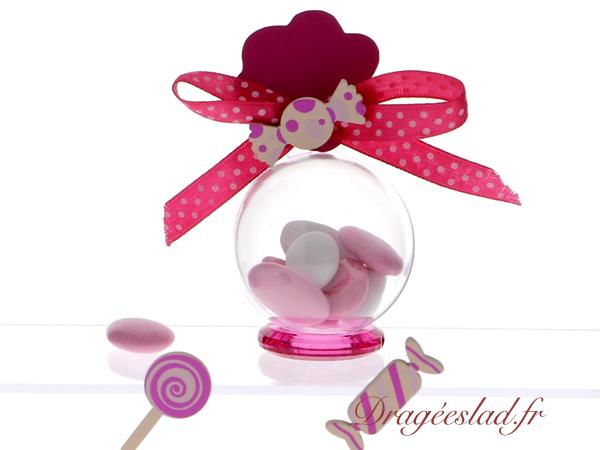 Boule dragée baptême rose, Vente contenant dragees baptême fille rose ���  Dragéeslad.