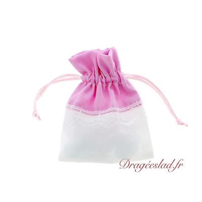 Sachet dragées coton et dentelle rose