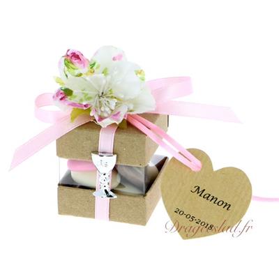 Cube dragées communion kraft fleur shabby