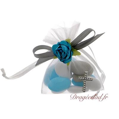 Sachet dragées communion fleur turquoise