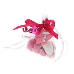 Sachet dragées communion fuchsia et rose croix