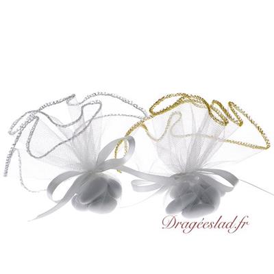 Tulle dragées blanc bordé or ou argent