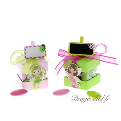 Boite dragées cube duo Fée rose ou verte