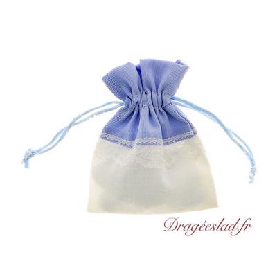 Sachet dragées coton et dentelle bleu