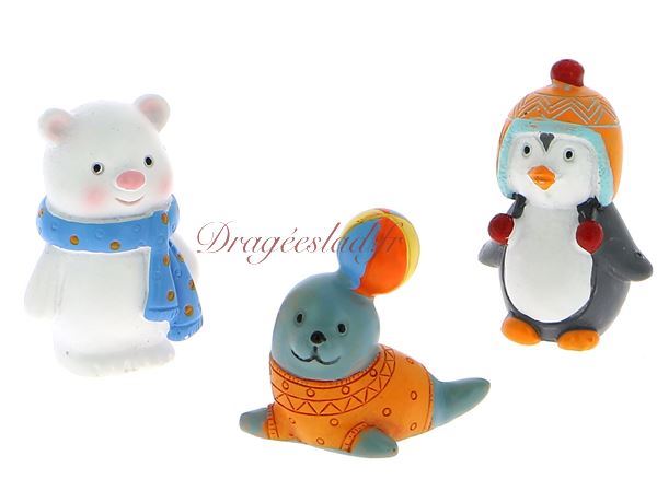 Animaux Polaire x 3 assortis, Figurine baptême boite dragees