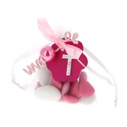 Sachet dragées communion fuchsia et rose croix