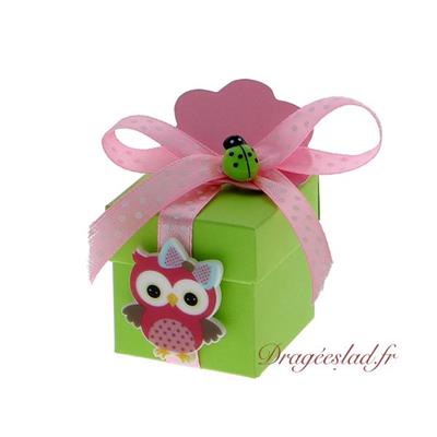 Boite à dragées cube Hibou fuchsia