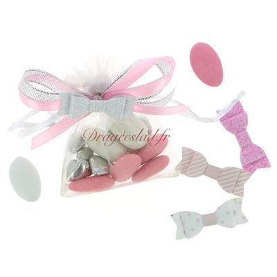 Sachet dragées Baptême Rose et argent