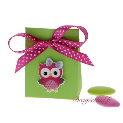 Boite dragées pochon Hibou fuchsia