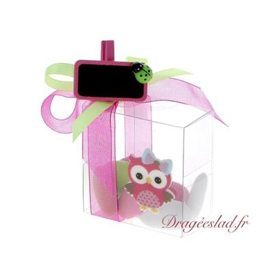 Ballotin dragées carré Hibou fuchsia