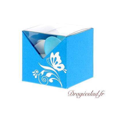 Boite à dragées cube alizée turquoise papillon argent